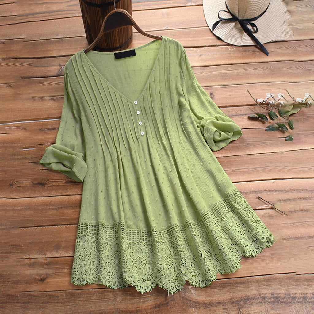 Tangnade Plus Size Tops For Women Vintage Ruffled Three Quarter Lace V-Neck  Top T-Shirt Blouse Green XXXXL