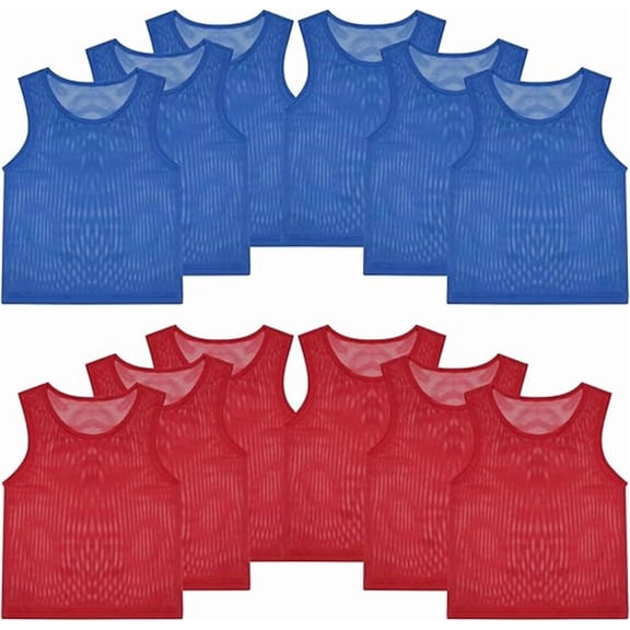 Duslogis 12 Pcs Pinnies Scrimmage Vests Sports Team Mesh Practice Jersey for Youth Kids Basketball Football Soccer, Red&Blue (Child)