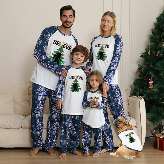 Jenny Christmas Pajama Sets For Family, Believe Bigfoot Print, Plus Size Available, Long Sleeve Top and Matching Bottoms