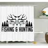Hunting Shower Curtain, Hunting and Fishing in Vintage Emblem Design Antler Horns Mallard Pine Tree, Fabric Bathroom Set with Hooks, 69W X 75L Inches Long, Black and White, by Ambesonne