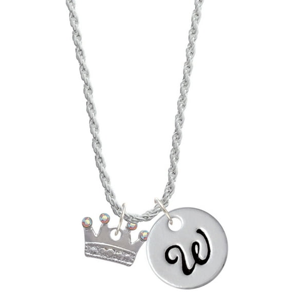 Delight Jewelry Silvertone Crown with Crystals and Textured Bottom Silvertone Script Initial Disc - W - Charm Necklace, 20"+3"