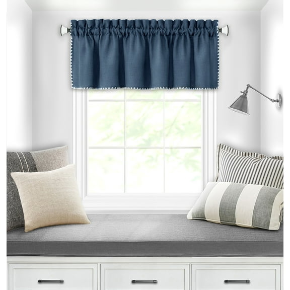 PowerSellerUSA Stitch Embroidery Borders Window Kitchen Valance, 58W x 14L inches Curtains Valance with Rod Pocket Holding, Polyester Material Short Window Curtain Valance for Kitchen Decor, Blue