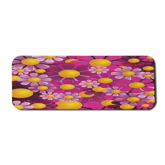 Abstract Computer Mouse Pad, Flowers Cartoon Summer Garden Happy Cheering Flourish Vibrant Display, Rectangle Non-Slip Rubber Mousepad Large, 31" x 12", Hot Pink Lilac Orange, by Ambesonne