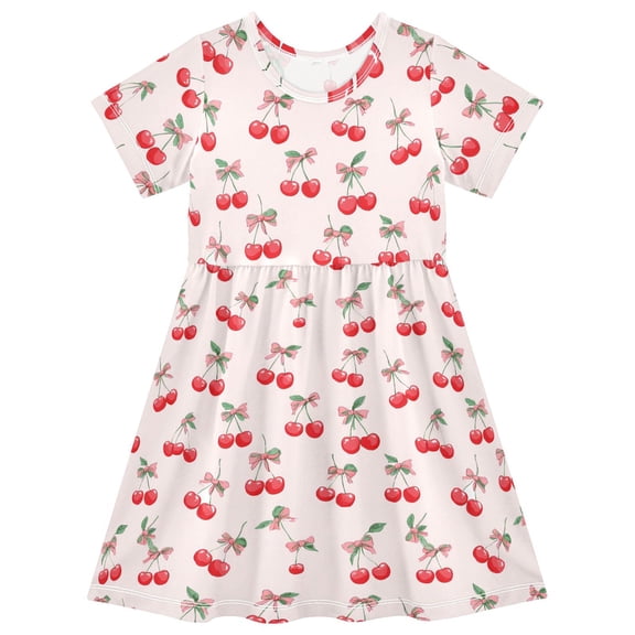 joogoo Cherry with Bows Girls' Short Sleeve Dress Kids Dresses 5-6T