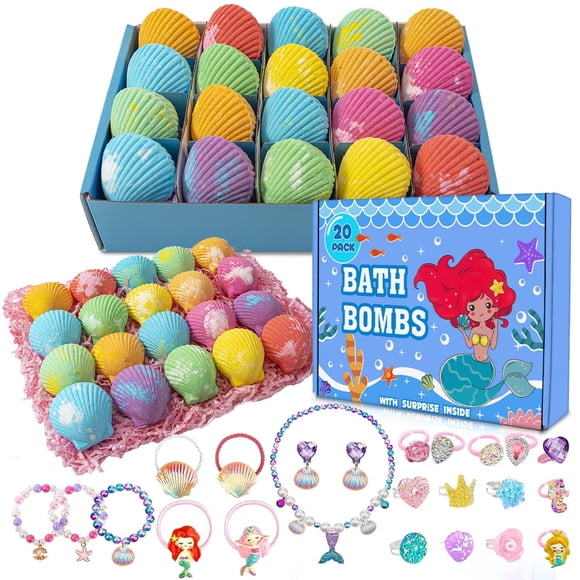 Paquete de 20 bombas de baño de sirena para niñas y niños con sorpresa en el interior, regalos de sirena para niñas, regalos de cumpleaños, Pascua, Navidad, joyería de princesa, juego de bombas de bañ