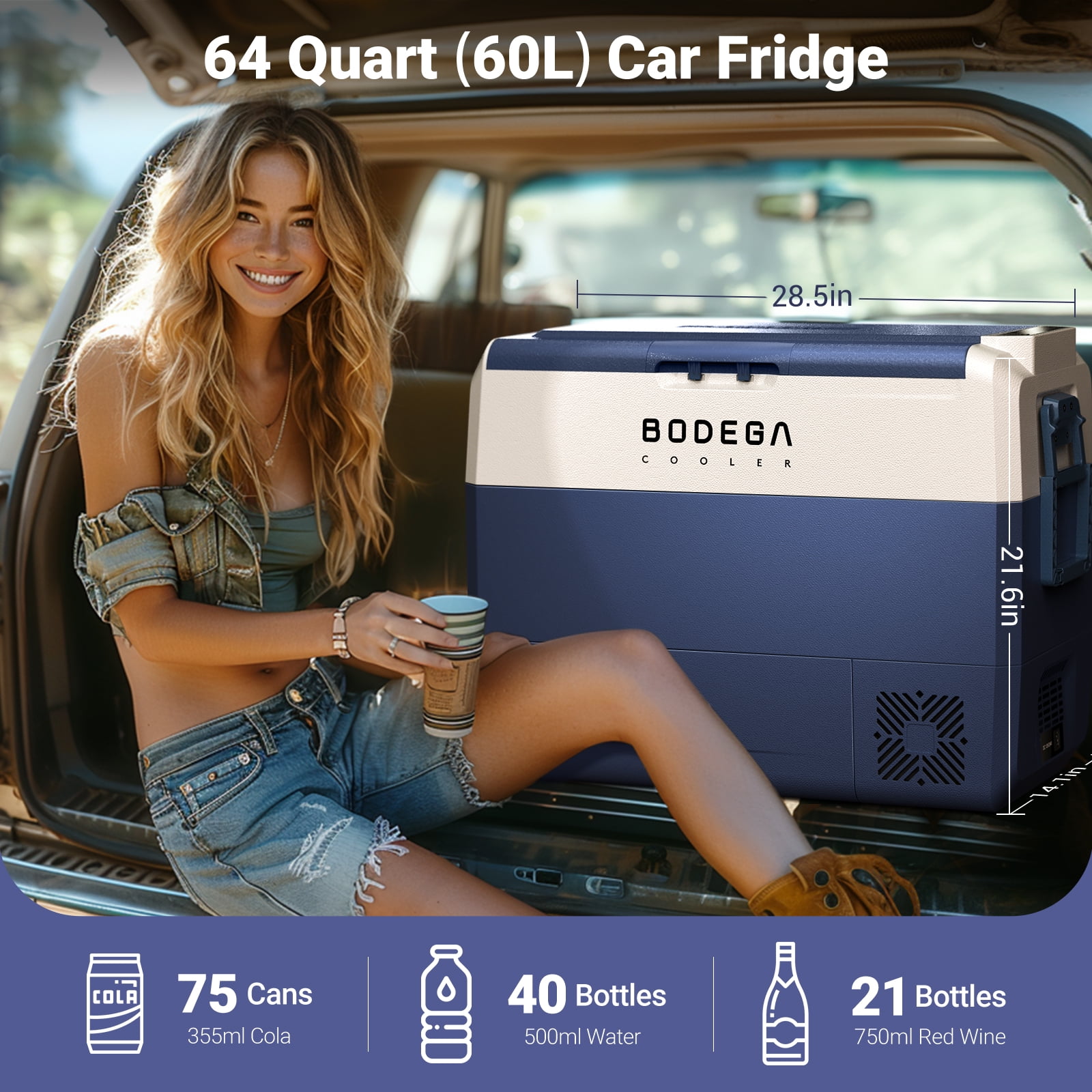 Bodega 12 Volt Car Refrigerator 64 Quart Portable Freezer APP Control for Camping Outdoor APP Control, Blue