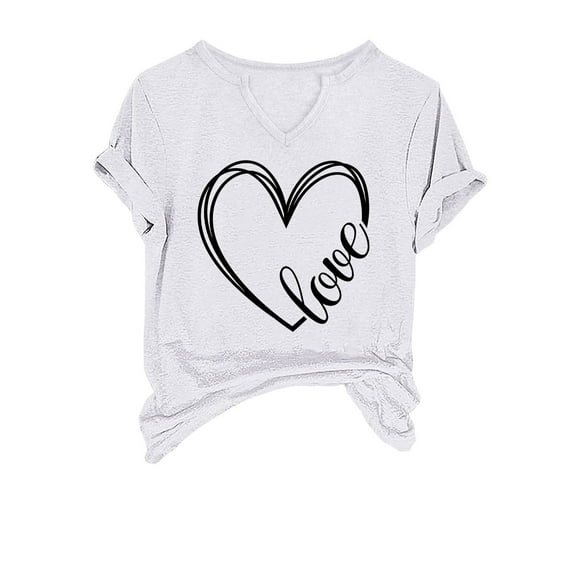 Love Heart Tee Shirt Women Cute Valentine's Day Tops Short Sleeve T-Shirts Notch V Neck Basic Tees