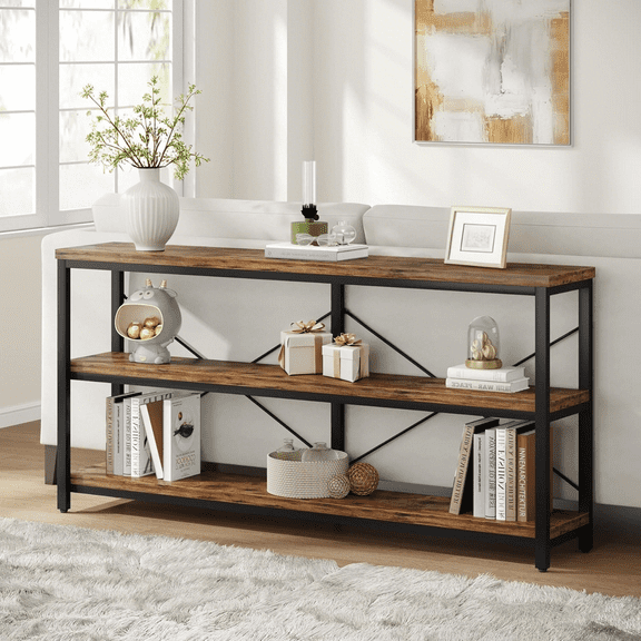 Tribesigns Sofa Table with Storage Shelves, 55 Inches Industrial Rustic Console Table, 3 Tiers Decorative Shelf, Open TV Shelf for Living Room, Hallway, Book (Brown)