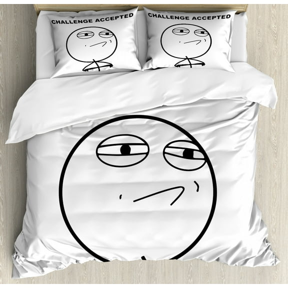 Humor Decor King Size Duvet Cover Set, Challenge Accepted Guy Meme Caricature Man Trippy Styled Artsy Modern Picture, Decorative 3 Piece Bedding Set with 2 Pillow Shams, Black White, by Ambesonne