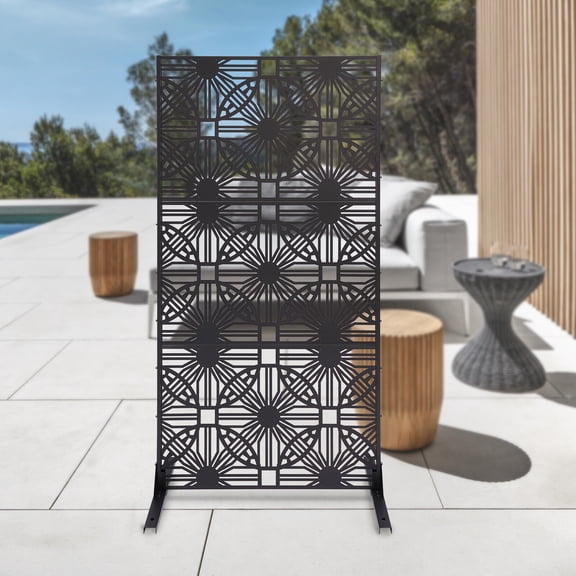 ToppiJoy 36.25*15.75*71.5in Balcony Privacy Screen Outdoor Metal Privacy Screen Freestanding Divider Decorative Privacy Fence Screen for Garden Backyard Balcony(Black Flower)