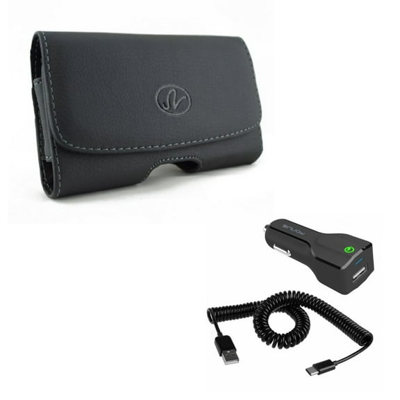 Compatible With Google Pixel 3a XL - Black Horizontal Leather Case w 24W Adaptive Fast USB Car Charger Coiled Type-C Cable