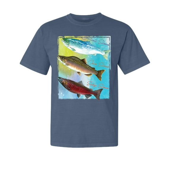 Wild Bobby, Atlantic Chum Sakeye Salmon, Fish, Trio Garment-Dyed Washed Look Short Sleeve Tees, Navy, Small