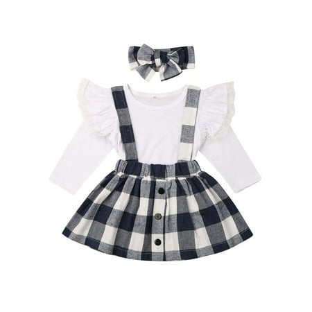 

wybzd Kids Baby Girls Clothes Long Sleeve Lace Tops Plaid Suspender Skirt Headband 3PCS Christmas Outfits Blue 3-4 Years