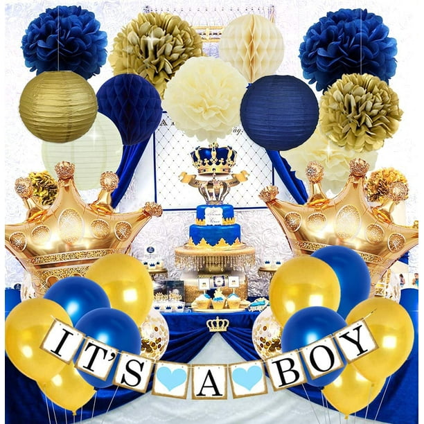 Royal Prince Baby Shower Decorations for Boy Crown Mylar Balloons It s A Boy Banner for Royal Blue Baby Shower 1st Birthday Decorations Supplies