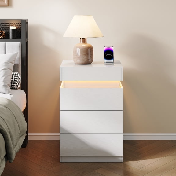 Leumius 3 Drawer Small Nightstand with Charging Station,LED and Open Shelf,Modern Bedside Table,Wooden End Table for Bedroom,White