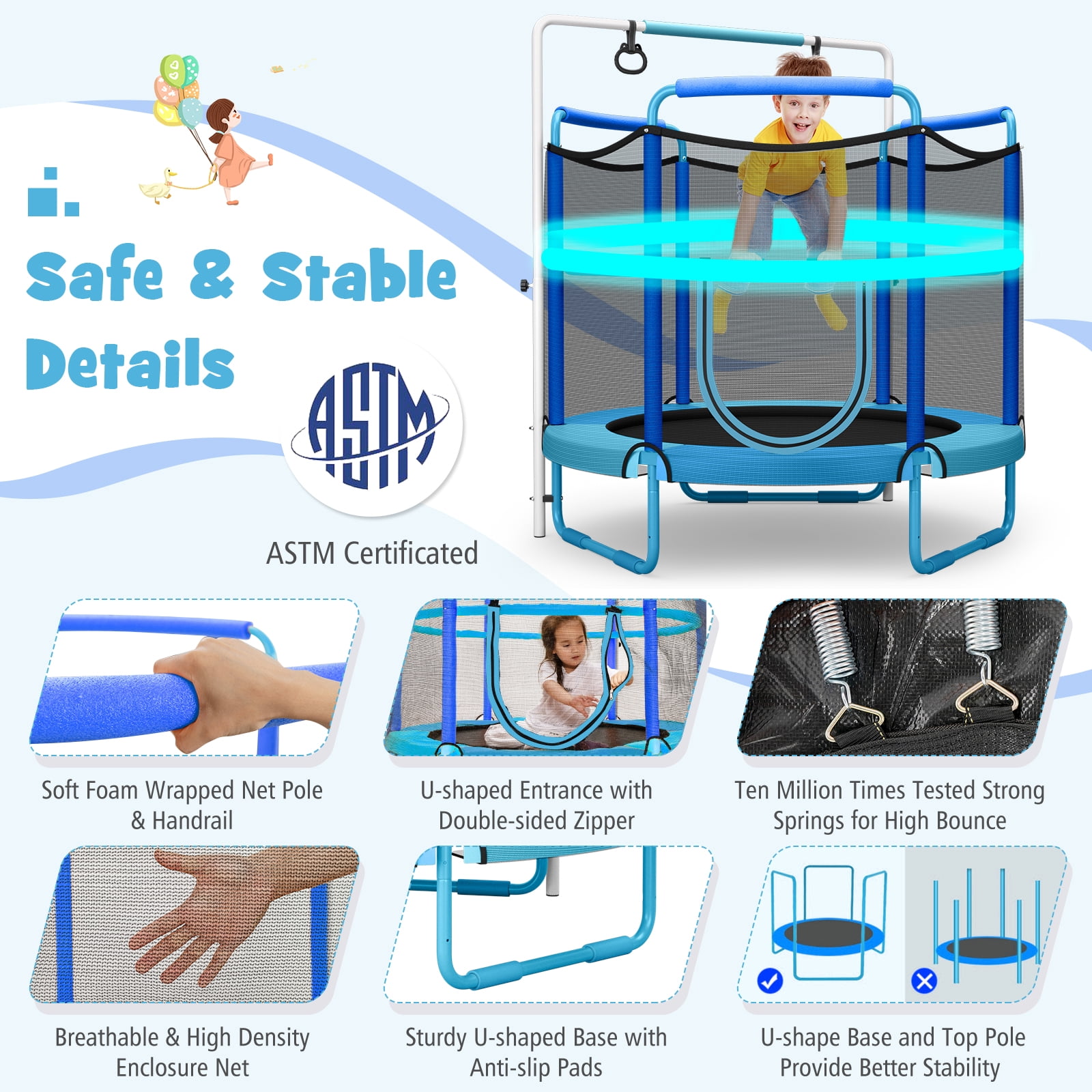 Infans 5FT Kids 3-in-1 Game Trampoline Seamless W/Enclosure Net Spring Pad In/Outdoor