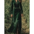 thumbnail image 3 of Women’s Emerald Green Velvet Maxi Dress V Neck Long Sleeve Boho Evening Dress with Lace Trim Gathered Waist and Fringe Hem, 3 of 4