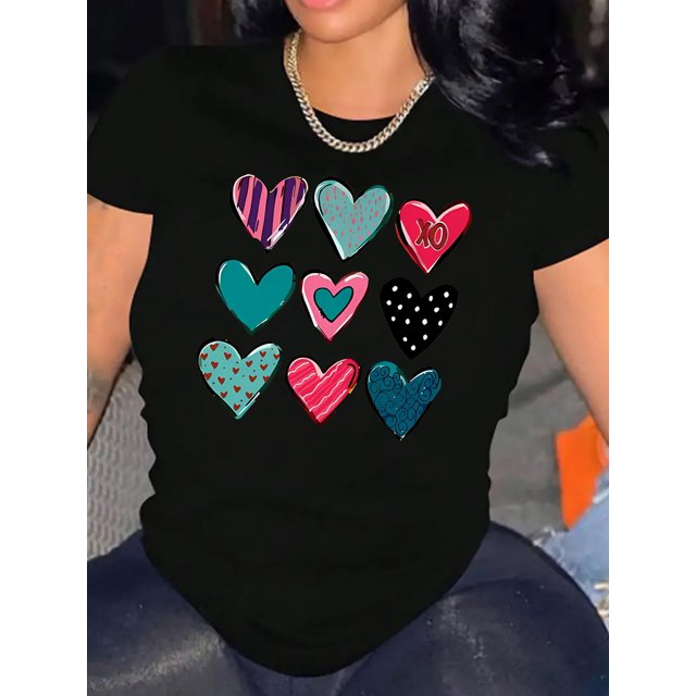 Women's Colorful Heart Print T-Shirt - Casual Round Neck Short Sleeve, Comfortable Polyester Blend Summer Top, Machine Washable