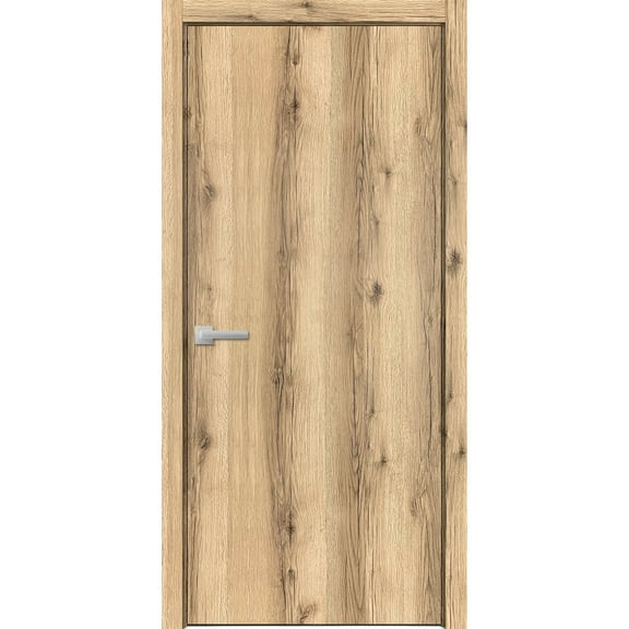 Modern Wood Interior Pre-Hung Door with Hardware | Planum 0010 Oak | Single Panel Frame Trims | Bathroom Bedroom Sturdy Doors-18" x 84"