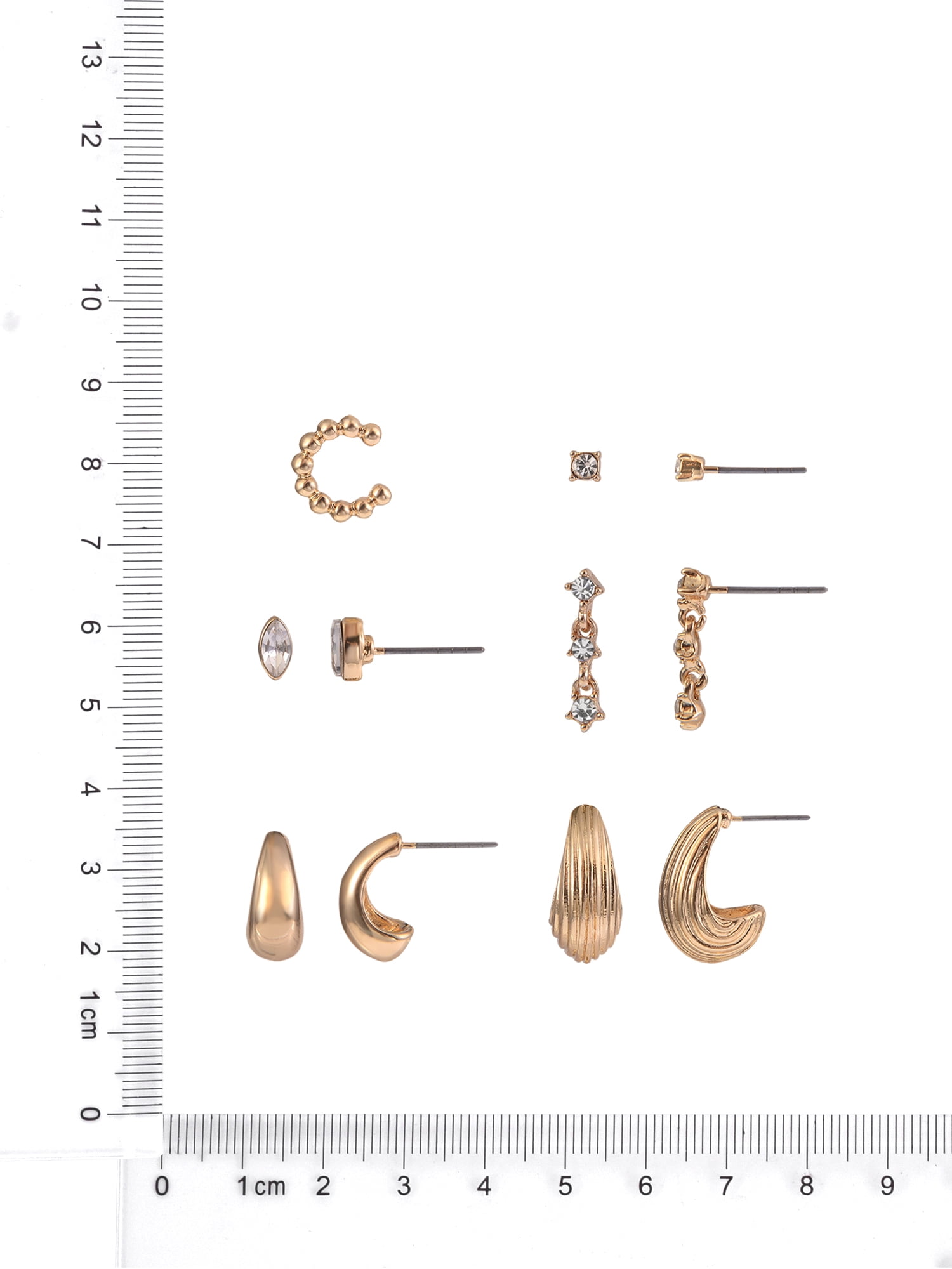 Time and Tru Adult Female Gold-Tone 5 Pair Crystal Stone Navette and Textured Hoop Multi Stacker Earring Set