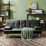 Modern Faux Leather Futon with Cupholders and Pillows, Black