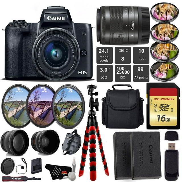 Canon EOS M50 Mirrorless Digital Camera +15-45mm Lens + UV FLD CPL Filter Kit +