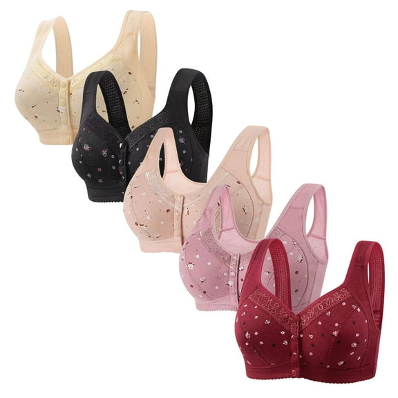 REORIAFEE Front Closure Bras Wireless Women 5-Pack Full-Coverage Bra Support Push Up Breathable Underwear Wide Shoulder Straps Comfort Soft Lingerie Beige L
