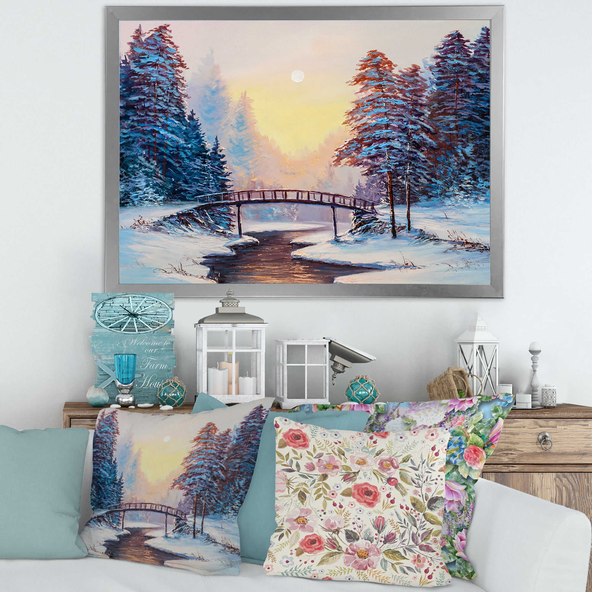 Designart 'Snow Covered Landscape and Little Bridge' Traditional Framed Art Print