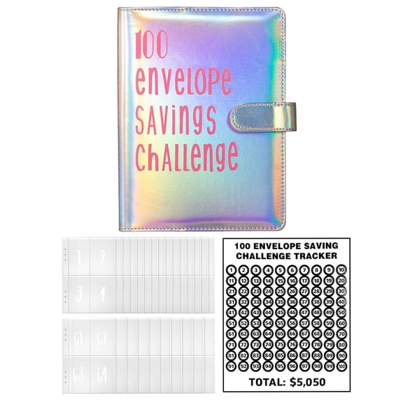 Carpeta de Desafíos de Ahorro de Dinero de 100 Sobres, Planificador de Presupuesto de Ahorro de Dinero, Planificación Y Ahorro $5050, Libro de Ahorro , Plata brillante SM SunniMix Carpeta de desafíos de ahorro