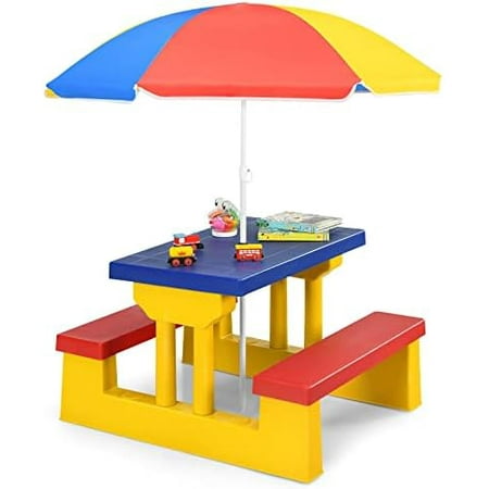Kids Picnic Table, Outdoor Kids Table and Bench Set w/Removable Umbrella, Plastic Children Patio Furniture, Toddler Picnic Tables for Backyard, Garden, Nursery, Gift for Boys Girls (Multicolor)