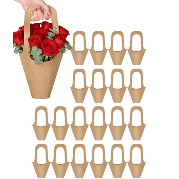 25 Packs Kraft Paper Flowers Gift Bags with Handle Flowers Bouquet Holder for Wedding, Valentines Day Decoration, Florist Shop (Small)