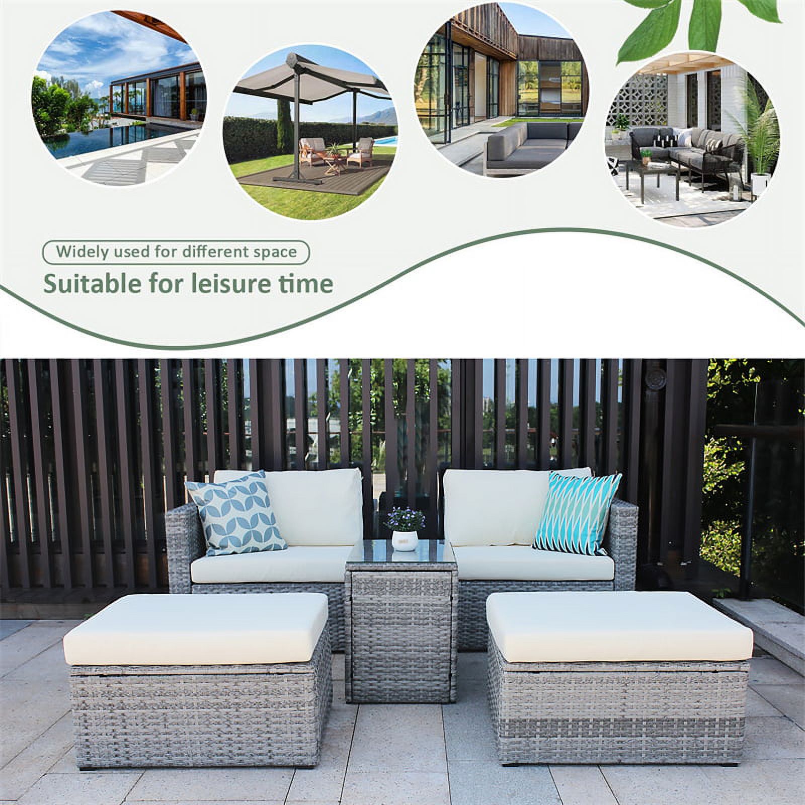 5 Pieces Outdoor Patio Sectional Sofa Set, Gray Rattan and Beige Cushion with Weather Protecting Cover, Patio Sofa Sets with 2 Rattan Chairs, 2 Pieces Patio Rattan Ottomans and Coffee Table - image 4 of 7