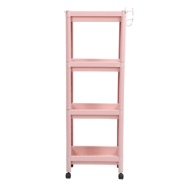 Estantería de baño multicapa, estable y duradera, para esquina, independiente, color rosa, 4 niveles (con ruedas)