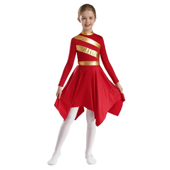 TiaoBug Kids Girls Metallic Gold Lyrical Costume Liturgical Worship Chiffon Dress Praise Dance Robe Red 6