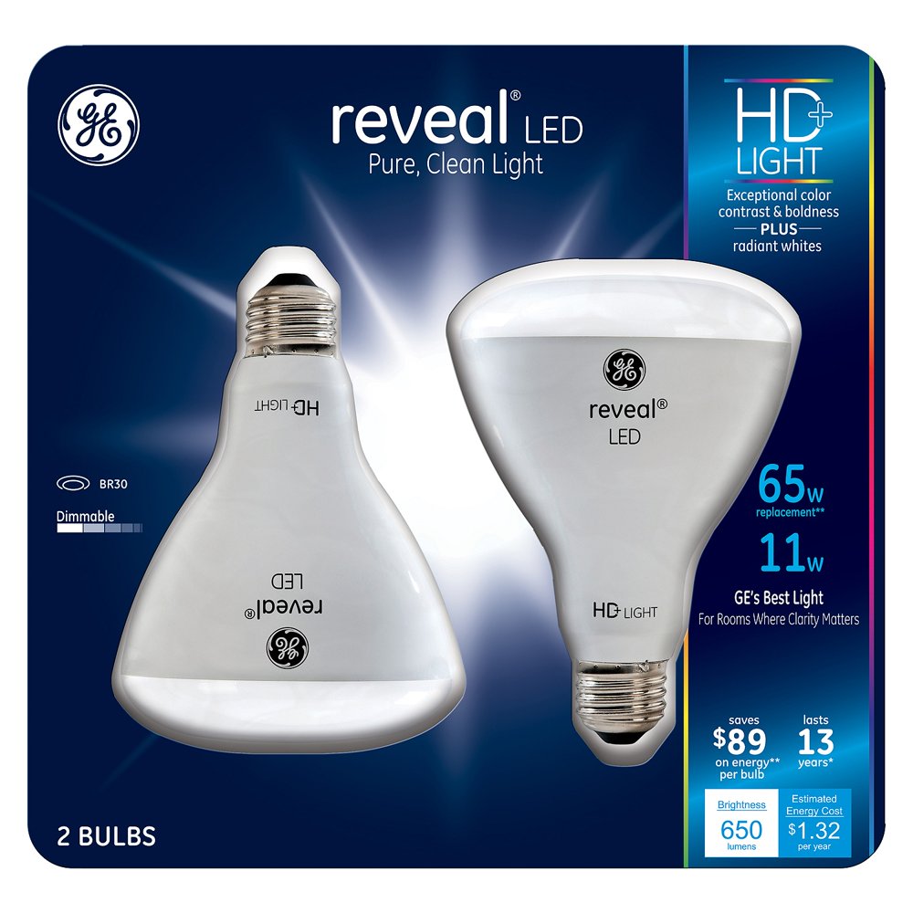 GE 11 Watt BR30 Reveal HD LED Light Bulbs, 2 Ct