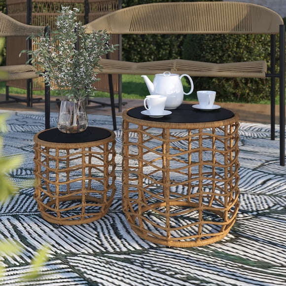 HOMETRENDS Maréla 2-Piece Wicker Outdoor Side Table Set with Solar Lights
