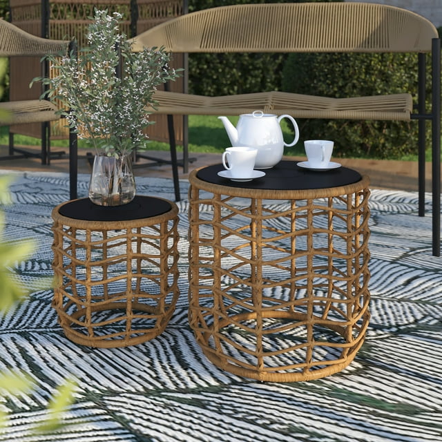 HOMETRENDS Maréla 2-Piece Wicker Outdoor Side Table Set with Solar Lights