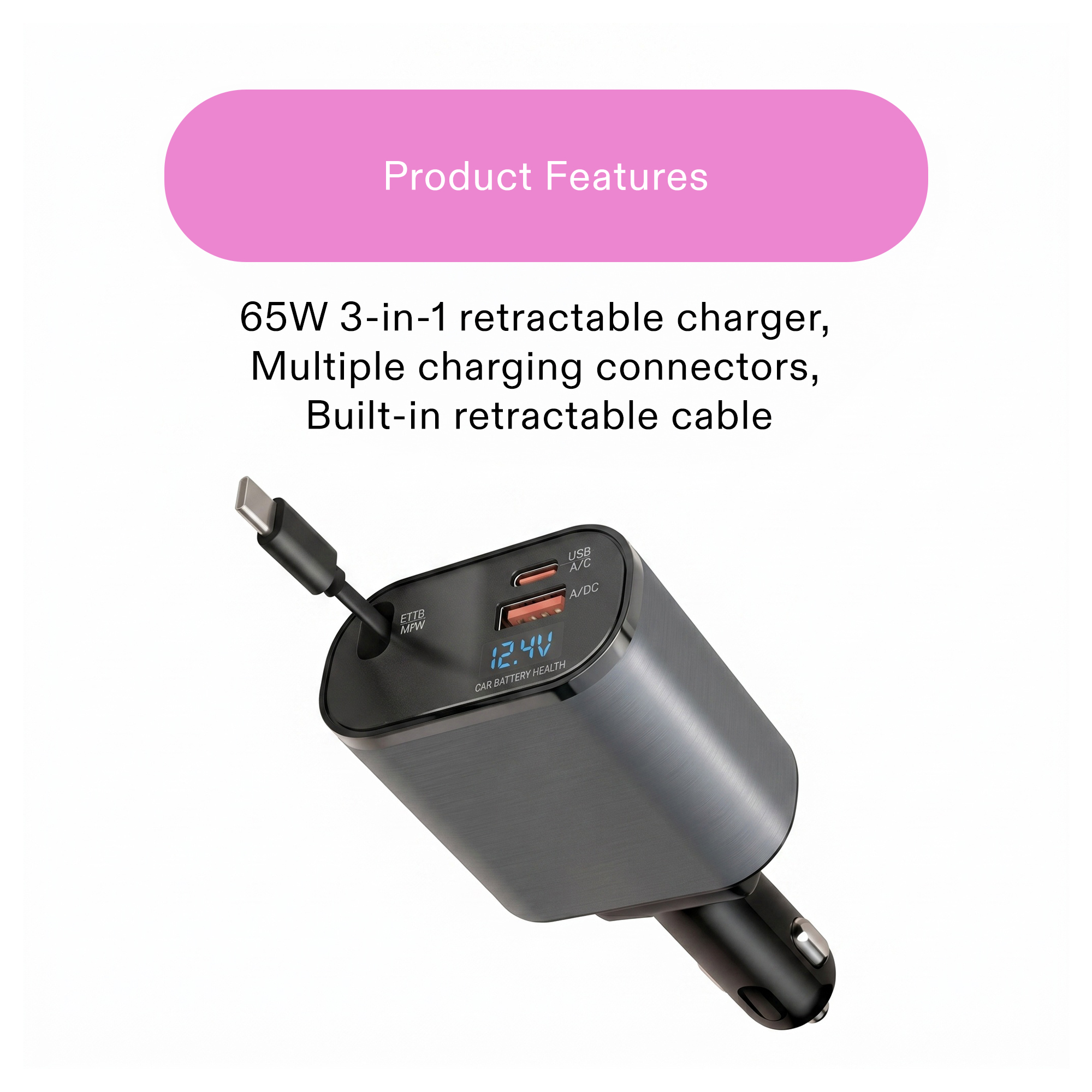 onn 3-in-1 Fast Charge USB-C/USB Car Charger photo 3