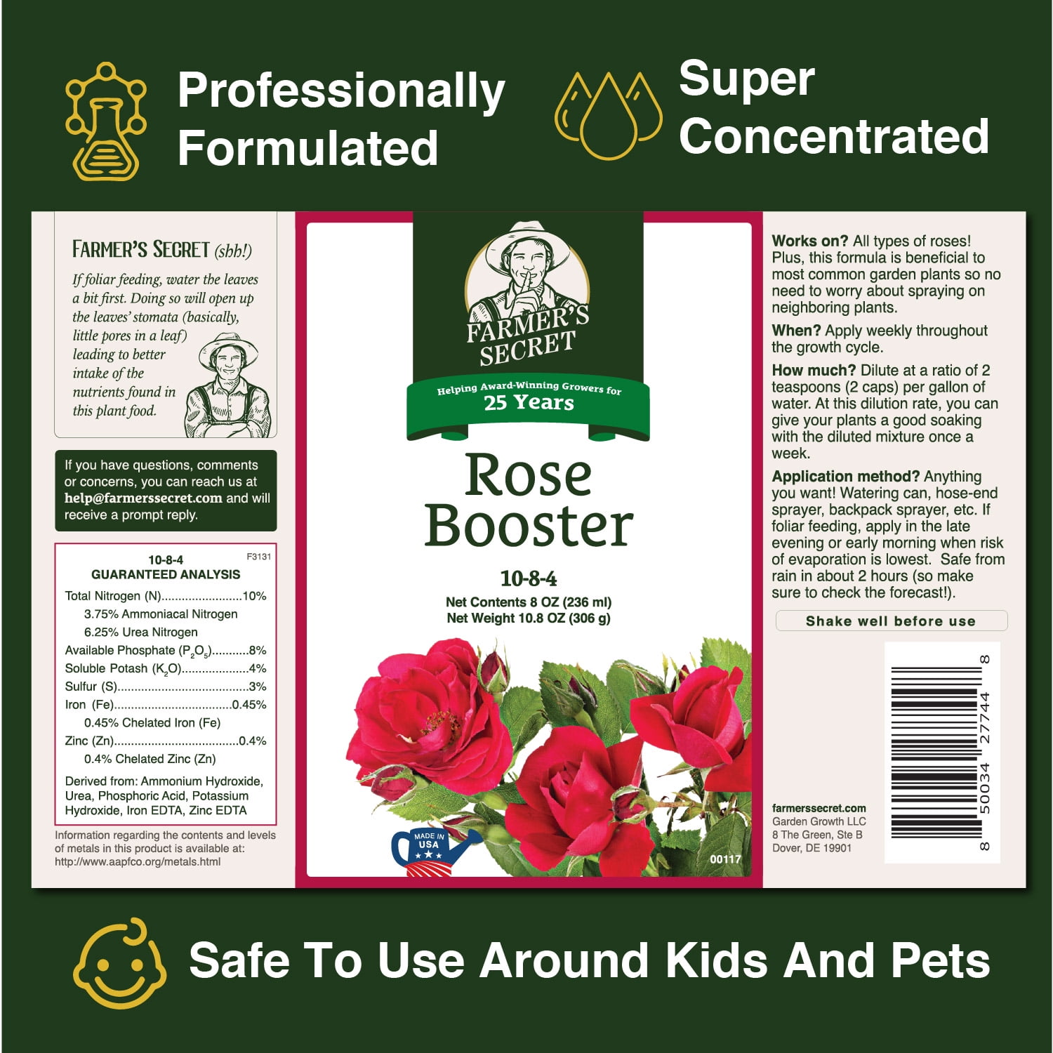 Farmer's Secret Rose Booster Fertilizer (32oz) - Super Concentrated - Formulated for all Types of Roses throughout the Life Cycle - Encourages Healthy Growth and Vibrant Blooms