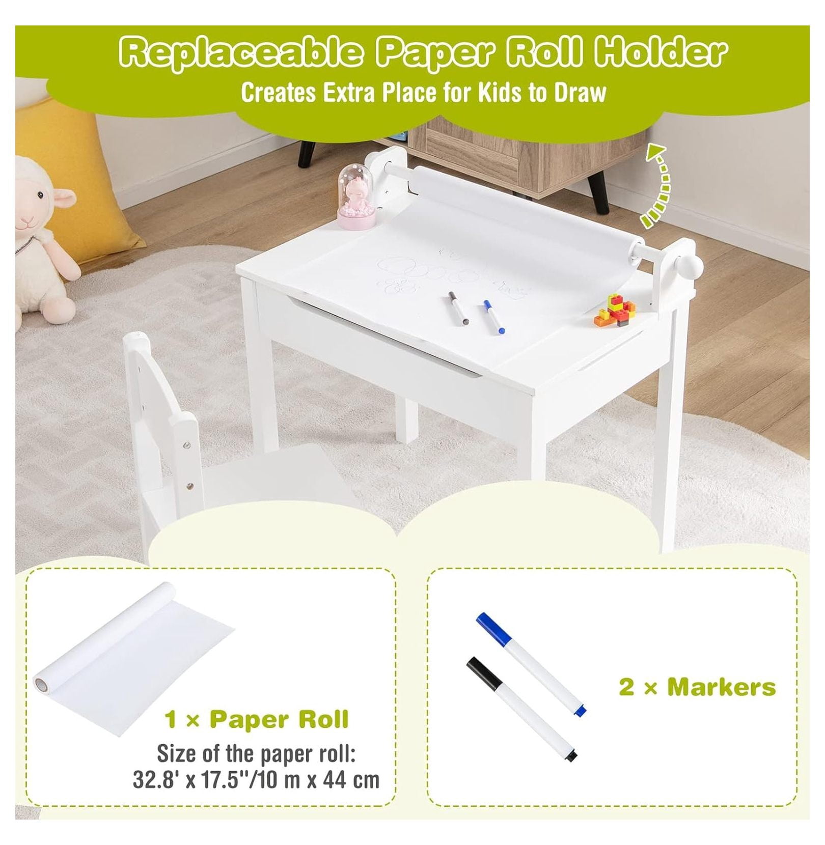 Kids Table and Chair Set, Wooden Lift-Top Desk & Chair with Storage, Paper Roll Holder & Pen Slot, Activity Table Set for Art, Children Furniture Set for Daycare, Playroom (White)