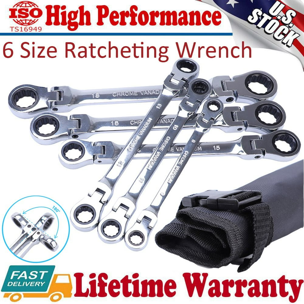 Carbole 6PC FlexHead Double Box End Ratcheting Wrenches Extra Long