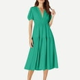 thumbnail image 6 of Ecqkame Summer Dresses for Women 2025 Casual V Neck Cute Puff Short Sleeve Dress Fashion Solid Color Flowy Beach Long Dress 02-Green M, 6 of 9