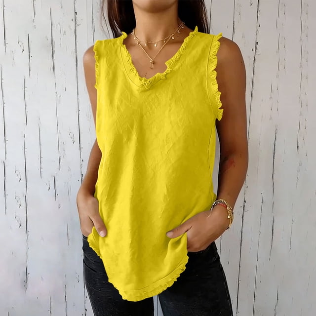 RKSTN Womens Tank Tops Cotton Linen Shirts Top Spring Summer Sleeveless Solid Color Crew Neck Ripped Edges Relaxed Daily Casual Wear Versatile Loose Fit Shirts