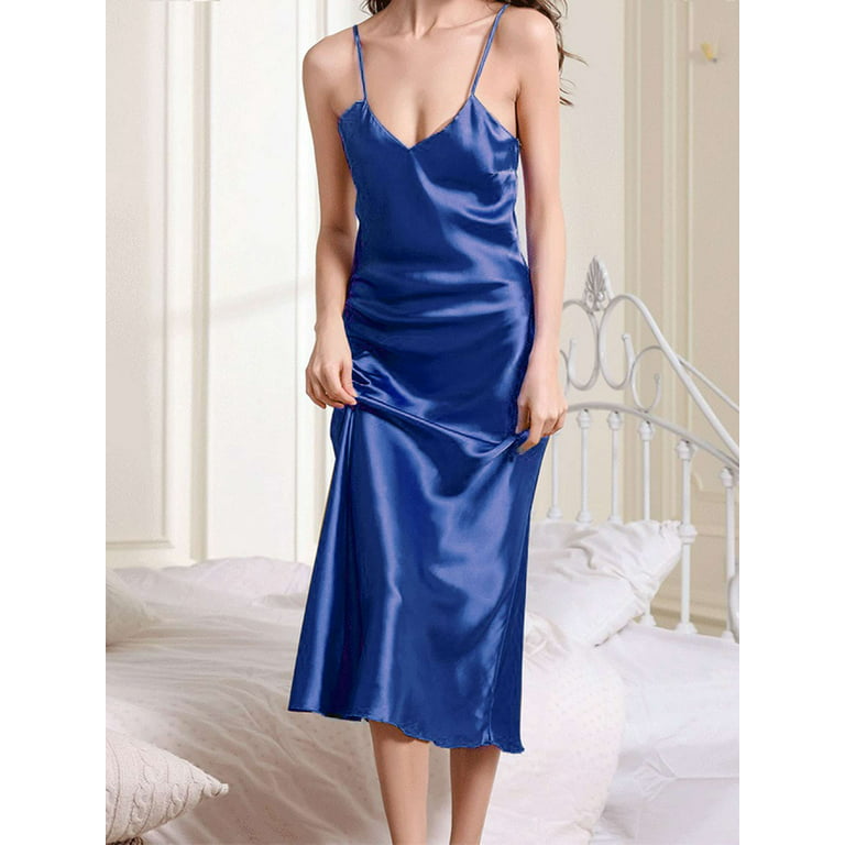 Luxtrada Womens Satin Nightgown Long Slip Sleep Dress Silk V Neck  Nightgowns For Women (Blue,2XL)