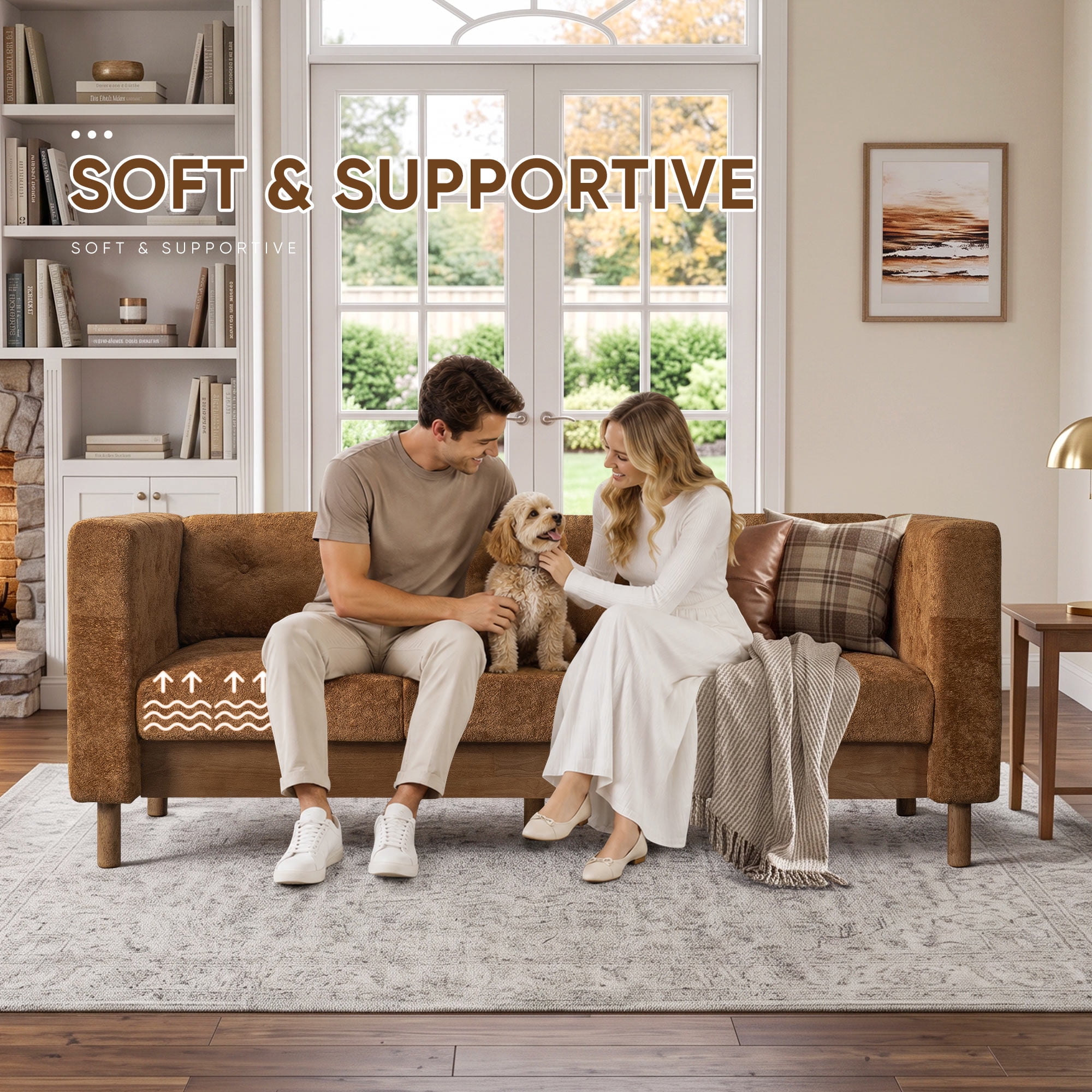 Lunale 78" Chenille 3-Seater Sofa, Modern Mid‑Century Upholstered Couch for Living Room, Apt., Tufted Design & Wood Legs, Brown
