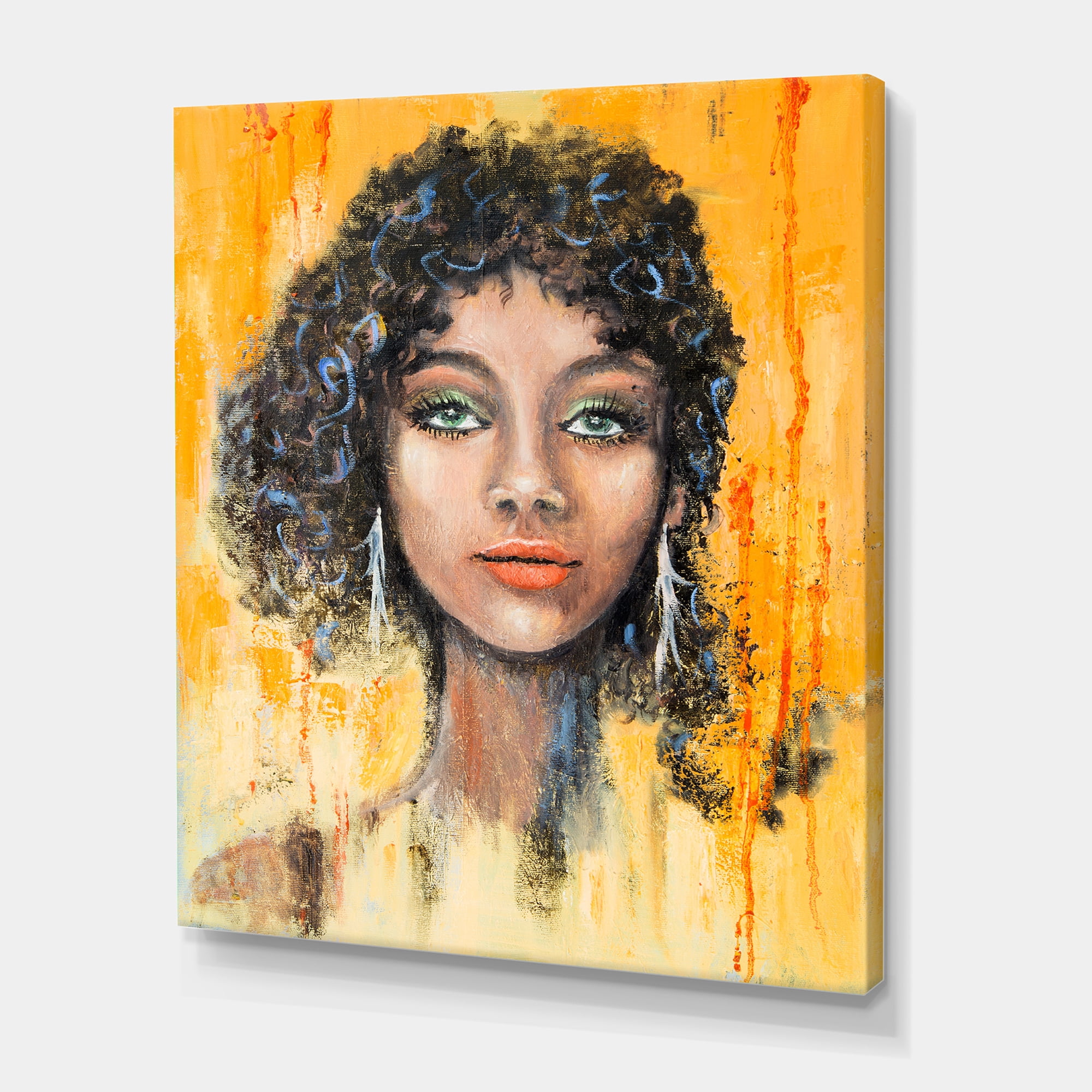 Designart ' Girl Face With Green Eyes & Black Hair Impression ' Modern Canvas Wall Art Print