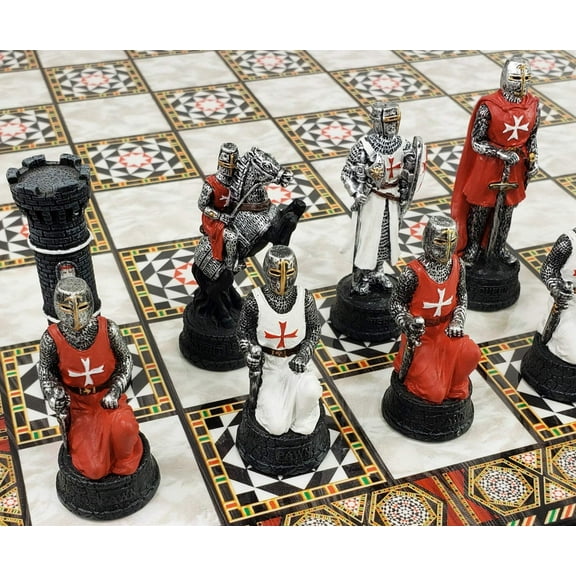 Medieval Times Crusades Red White Maltese Knight Chess Set 17" Mosaic Color BD