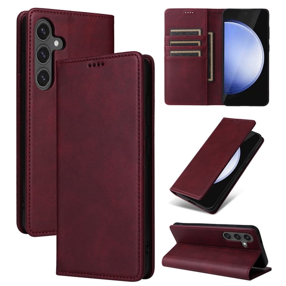 For Samsung Galaxy S24 Case, Premium PU Leather Wallet Folio Cover with RFID Blocking Card Holders and Kickstand, Shockproof Full-Body Protective Flip Magnetic Closure Phone Case,Winered