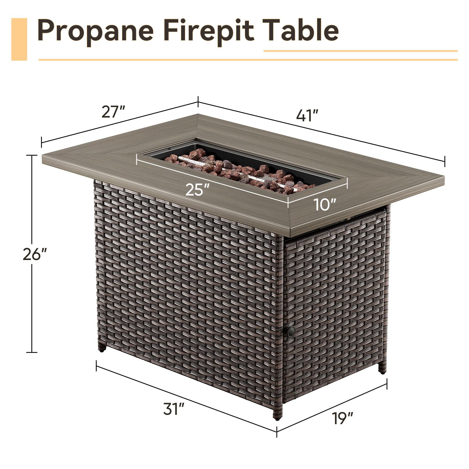 OPOHORO 41" Rectangular Propane Fire Pit 50,000 BTU Outdoor PE Wicker Fire Pit Table with Lid, Brown