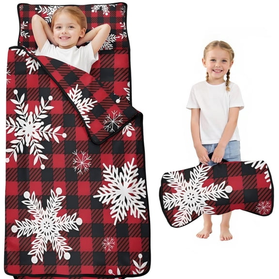 Red Christmas Snowflake and Plaid Pattern Toddler Nap Mats for Kids Preschool,50"x20" Sleeping Mat Bag or Kids,Toddler Sleeping Bag,Toddler Nap Mat or Daycare